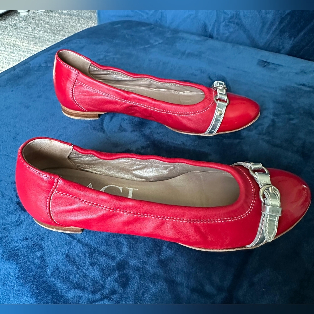 Red Leather Women's Flats with Silver Buckle